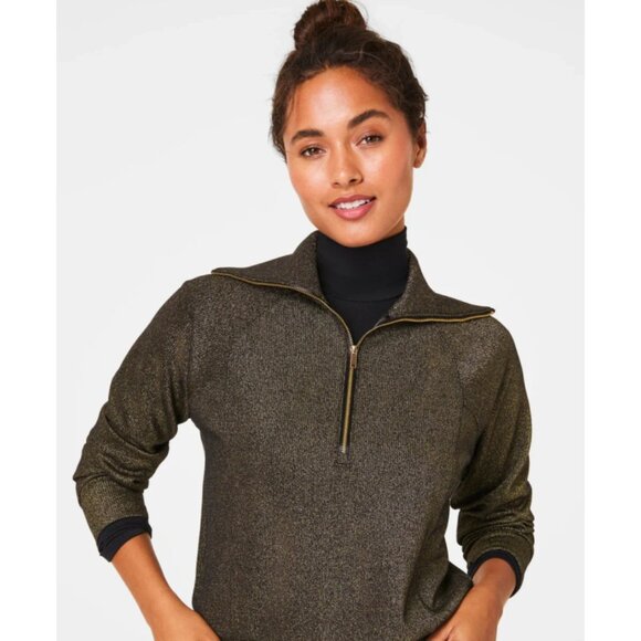 Spanx AirEssentials Half Zip Shimmer Very Black Gold Shine Knit V-Neck Sweater S - Picture 3 of 8